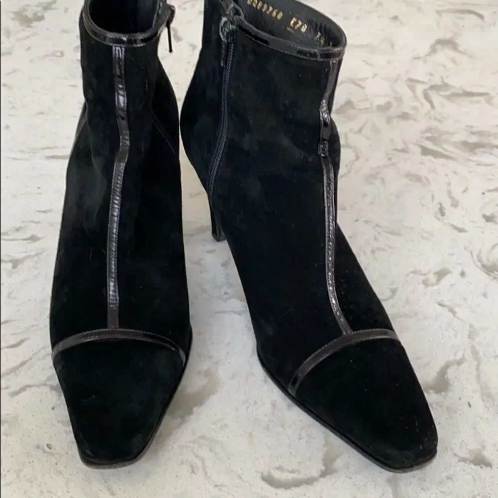 Salvatore Ferragamo Suede Patent Heeled Booties Dressy  Pointed Toe Blac…‎
